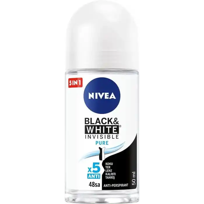 NIVEA Kadın Roll On Deodorant Black & White Invisible Pure 48 Saat Anti-perspirant Koruma (50 ml)