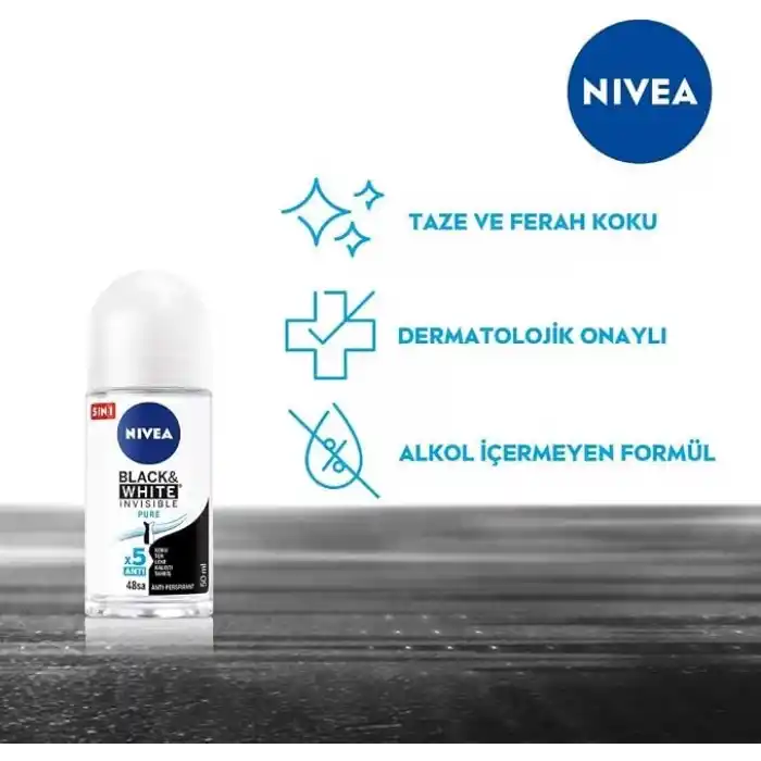 NIVEA Kadın Roll On Deodorant Black & White Invisible Pure 48 Saat Anti-perspirant Koruma (50 ml)