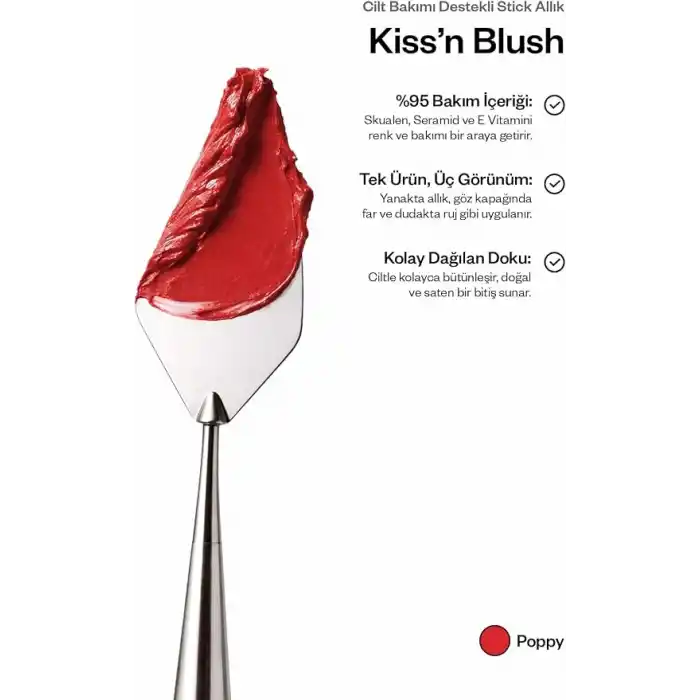 Kremi KISSN BLUSH · Allık, Ruj, Göz Farı · Nemlendirici 3in1 · Ceramide Skualen Vitamin E (Poppy)