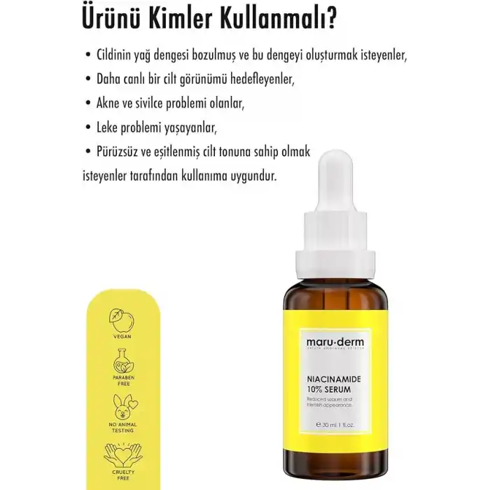 Maruderm Niacinamide%10 + Hyalüronik Asit + Panthenol Cilt Bakım Serumu – Ton Eşitleyici ve Gözenek Görünümü İnceltici Yüz Serumu, 30 ML