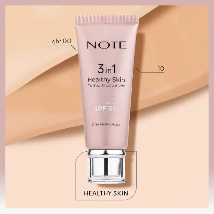 Note Cosmetics 3 in 1 Healthy Skin Light Tinted Moisturizer 50 SPF Renk Ton Eşitleyici Aydınlatıcı Krem, 00 Açık Ton