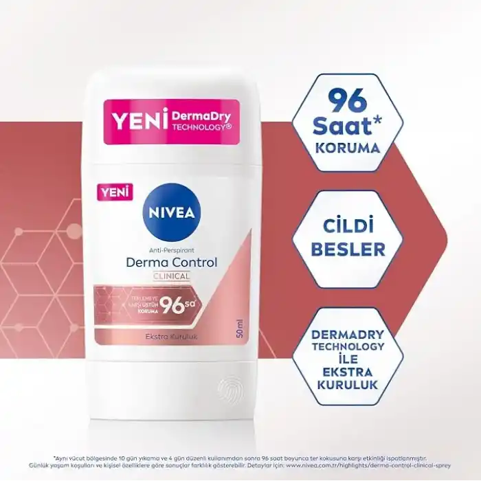 NIVEA Kadın Stick Deodorant Derma Control Clinical 50 ml, C Vitamini ile Koltuk Altı Kararma Karşıtı, 96 Saat Anti-perspirant Koruma