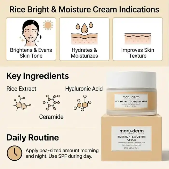 Maruderm Pirinç Özlü Aydınlatıcı & Nemlendirici Krem – Seramid & Hyaluronik Asit ile Pürüzsüz ve Parlak Görünüm İçin Yüz Kremi, 50 ML