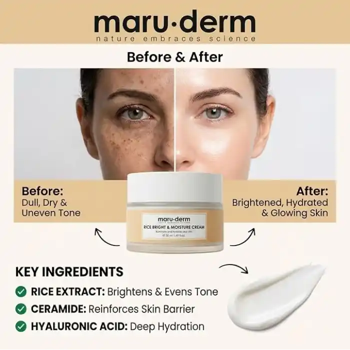 Maruderm Pirinç Özlü Aydınlatıcı & Nemlendirici Krem – Seramid & Hyaluronik Asit ile Pürüzsüz ve Parlak Görünüm İçin Yüz Kremi, 50 ML