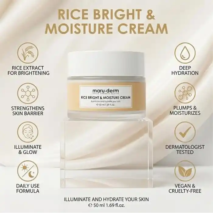 Maruderm Pirinç Özlü Aydınlatıcı & Nemlendirici Krem – Seramid & Hyaluronik Asit ile Pürüzsüz ve Parlak Görünüm İçin Yüz Kremi, 50 ML