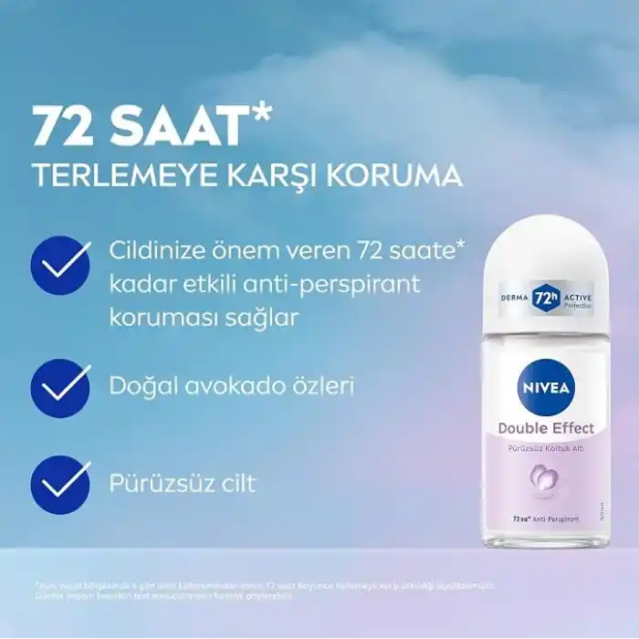 NIVEA Kadın Roll-on Deodorant Double Effect 50ml, 72 Saat Anti-perspirant Koruma, Alkolsüz, Pürüzsüz Koltuk Altı