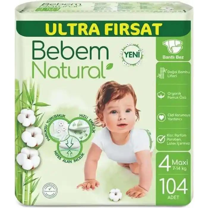 Bebem Natural 4 numara Maxi 104 adet Bebek Bezi