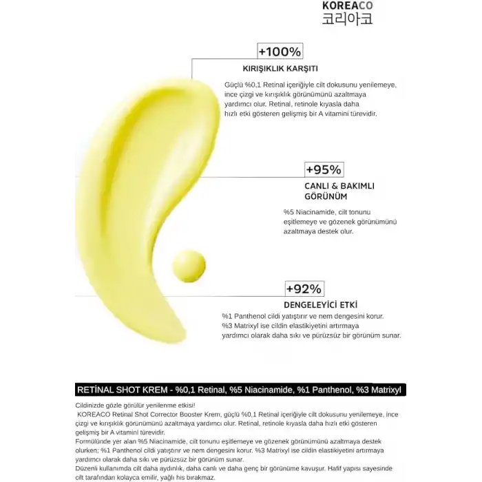 Koreaco Retinal (%0,1) Shot Corrector Booster Krem 20 ml | Niacinamide%5 Pantehnol%1 Matrixyl%3