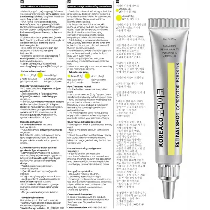 Koreaco Retinal (%0,1) Shot Corrector Booster Krem 20 ml | Niacinamide%5 Pantehnol%1 Matrixyl%3