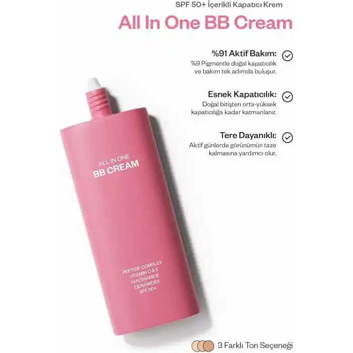 Kremi ALL IN ONE BB CREAM Light · SPF 50+ · Yüksek Kapatıcılık · Nemlendirici Ton Eşitleyici · Suya Dayanıklı · 50 ml
