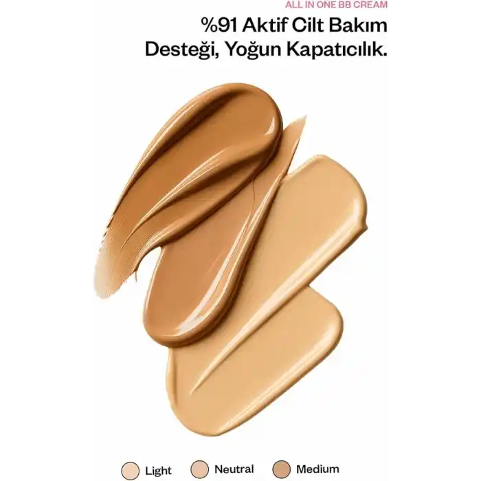 Kremi ALL IN ONE BB CREAM Light · SPF 50+ · Yüksek Kapatıcılık · Nemlendirici Ton Eşitleyici · Suya Dayanıklı · 50 ml