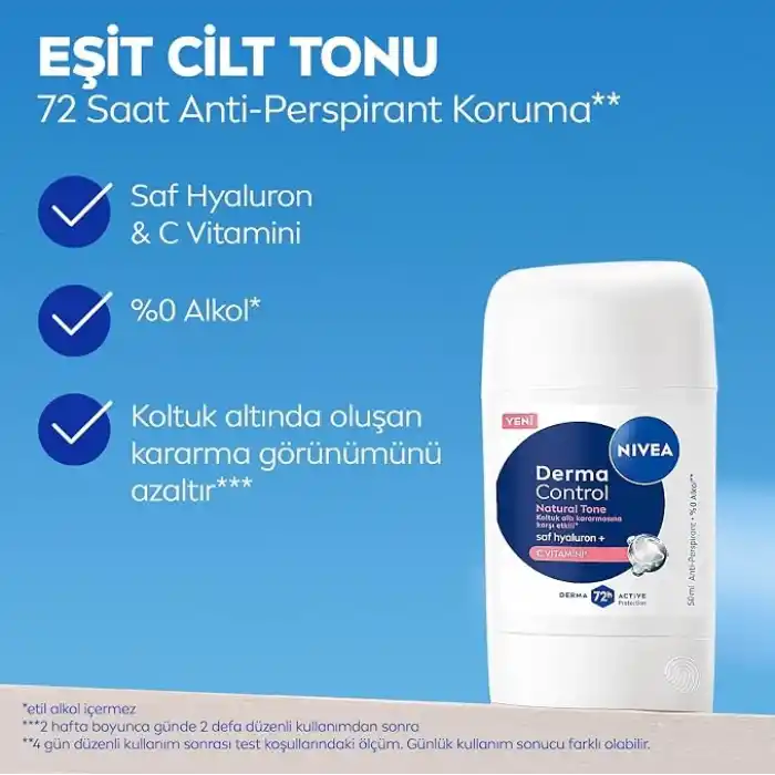 NIVEA Kadın Stick Deodorant Derma Control Natural Tone 50 ml, Koltuk Altı Kararmasına Karşı Etkili, Eşit Cilt Tonu, 72 Saat Anti Perspirant Koruma, C Vitamini, Hyaluronik Asit, Alkol İçermez