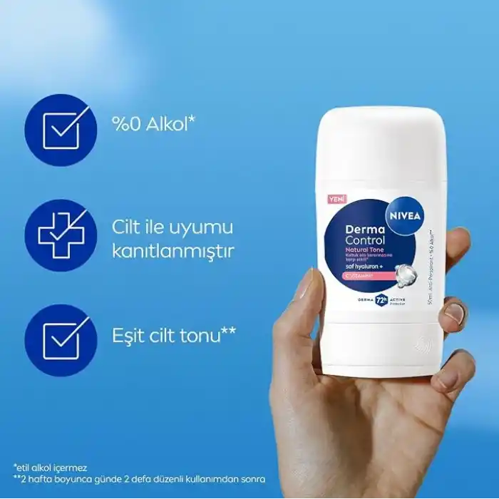 NIVEA Kadın Stick Deodorant Derma Control Natural Tone 50 ml, Koltuk Altı Kararmasına Karşı Etkili, Eşit Cilt Tonu, 72 Saat Anti Perspirant Koruma, C Vitamini, Hyaluronik Asit, Alkol İçermez