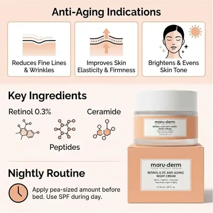 Maruderm Retinol%0.3 Yaşlanma Karşıtı Gece Kremi – Kırışıklık Karşıtı Yenileyici Yüz Kremi, Seramid & Peptit Kompleksi ile, 50 ML