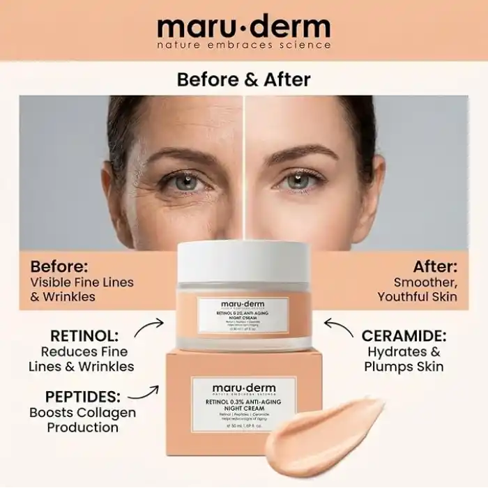 Maruderm Retinol%0.3 Yaşlanma Karşıtı Gece Kremi – Kırışıklık Karşıtı Yenileyici Yüz Kremi, Seramid & Peptit Kompleksi ile, 50 ML