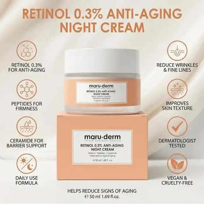 Maruderm Retinol%0.3 Yaşlanma Karşıtı Gece Kremi – Kırışıklık Karşıtı Yenileyici Yüz Kremi, Seramid & Peptit Kompleksi ile, 50 ML