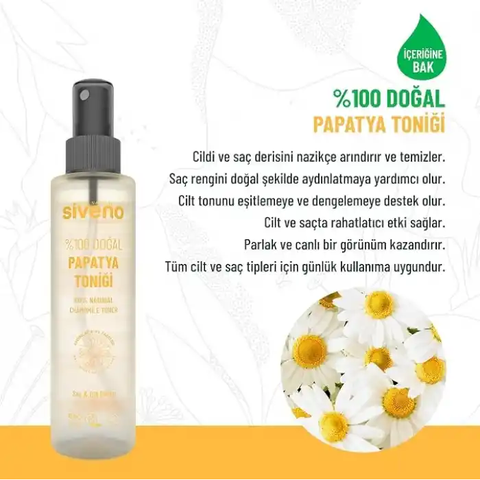 Siveno%100 Doğal Papatya Suyu Aydınaltma Etkili Arındırıcı Rahatlatığı Saç ve Cilt Toniği 150 ml