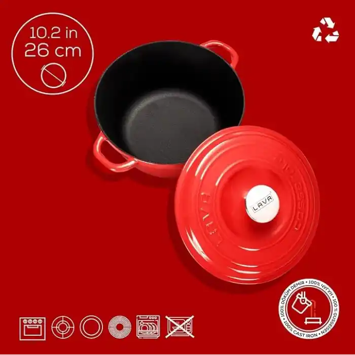 LAVA Döküm Yuvarlak Tencere Döküm Demir Kapak New Heritage Serisi Çap 26cm. Kırmızı