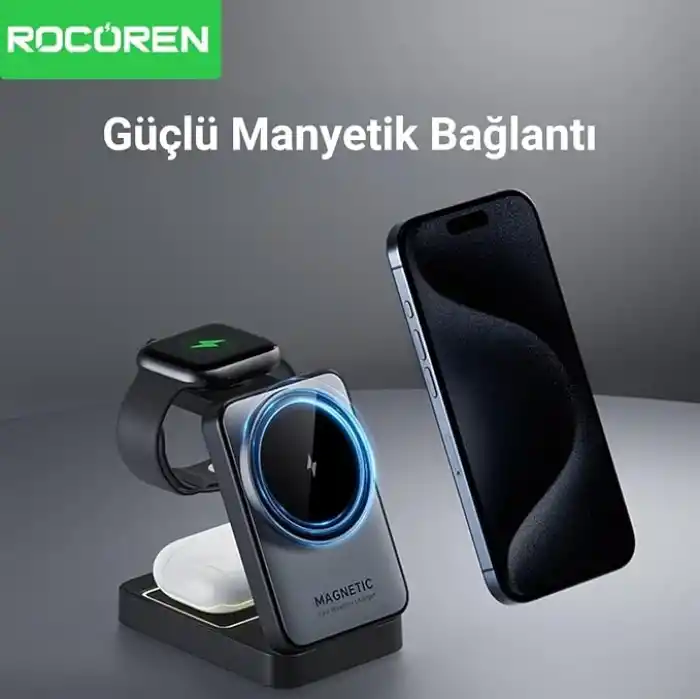 Rocoren 3‘ü 1 Arada iPhone Airpods Apple Watch MagSafe Uyumlu Kablosuz Şarj Cihazı Stand