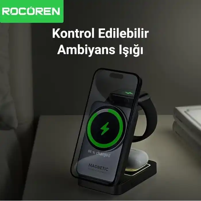 Rocoren 3‘ü 1 Arada iPhone Airpods Apple Watch MagSafe Uyumlu Kablosuz Şarj Cihazı Stand