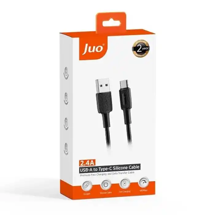 Juo 12W USB-A to Type-C Silikon Hızlı Şarj ve Data Kablosu Siyah 2 Metre