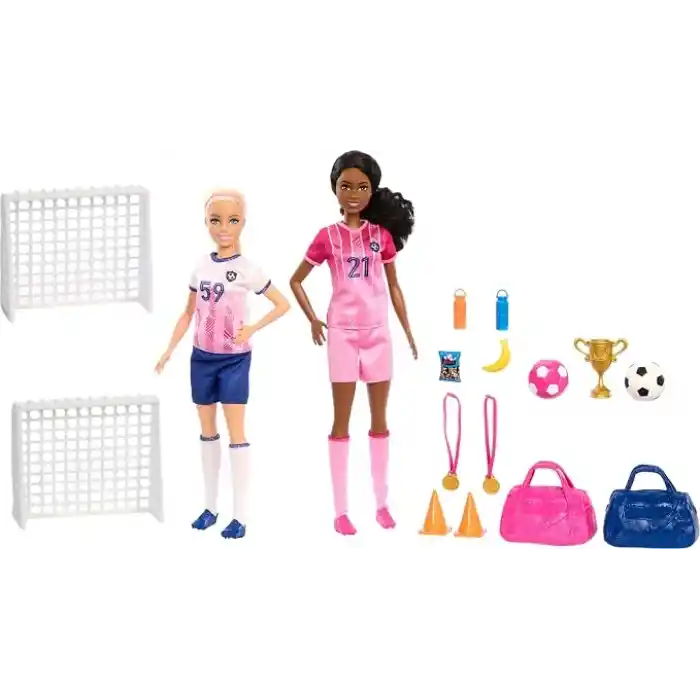 Barbie kariyer bebekleri ve 15 aksesuar, Barbie Brooklyn ile sarı saçlı ve minyon bebek, 2 kale, 2 top ve daha fazlasıyla Futbolcu Bebekler oyun seti, HRG88