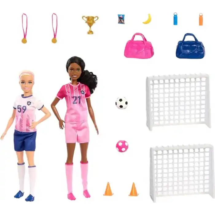 Barbie kariyer bebekleri ve 15 aksesuar, Barbie Brooklyn ile sarı saçlı ve minyon bebek, 2 kale, 2 top ve daha fazlasıyla Futbolcu Bebekler oyun seti, HRG88
