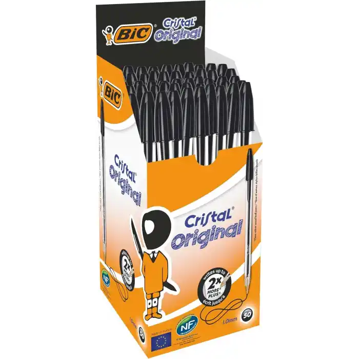 BIC Cristal Medium Tükenmez Kalem Siyah 50li Kutu, 1.0 mm Orta Kalınlıkta Uç, Şeffaf Gövde, Delikli Kapak