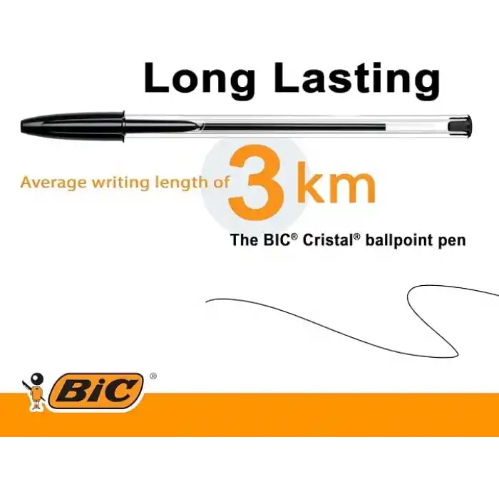 BIC Cristal Medium Tükenmez Kalem Siyah 50li Kutu, 1.0 mm Orta Kalınlıkta Uç, Şeffaf Gövde, Delikli Kapak