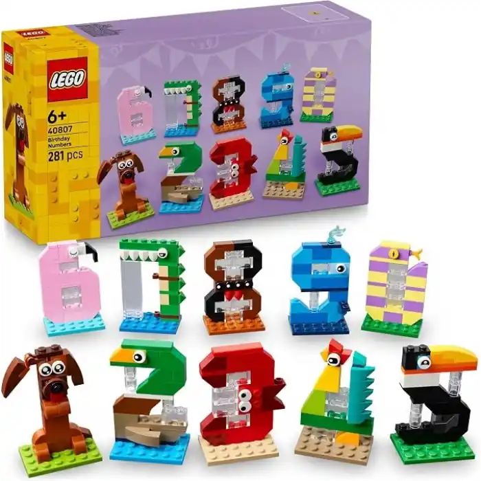 LEGO Doğum Günü Rakamları 40807 – 6 Yaş Üzeri Çocuklar için Hayvanlı Masa ve Köpek, Ördek, Yengeç, Horoz, Flamingo ve Timsah Pasta Süsleri İçeren Oyuncak Yapım Seti, Eğitici Hediye Fikri (281 Parça)