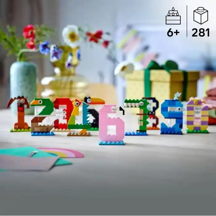 LEGO Doğum Günü Rakamları 40807 – 6 Yaş Üzeri Çocuklar için Hayvanlı Masa ve Köpek, Ördek, Yengeç, Horoz, Flamingo ve Timsah Pasta Süsleri İçeren Oyuncak Yapım Seti, Eğitici Hediye Fikri (281 Parça)