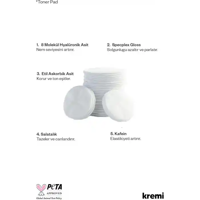 Kremi TONER PAD · Tonik Pad 60 Adet · Yaşlanma Karşıtı, Gözenek Sıkılaştırıcı · C Vitamini, Kafein, 8D Hyaluronik Asit