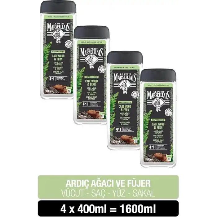 Le Petit Marseillais Duş Jeli Men Serisi Ardıç Ağacı ve Füjer (4 x 400 ml) çok renkli