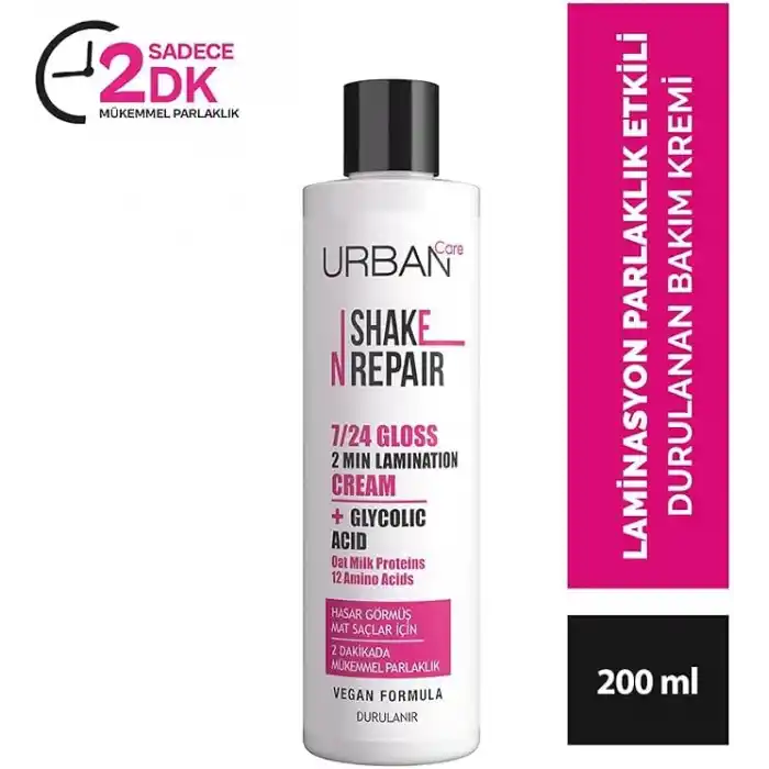 Urban Care Shake N Repair 7/24 Glikolik Asit İçeren Gloss Laminasyon Parlaklık Etkili Bakım Kremi, 200 Mililitre, Vegan