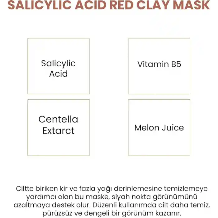 Gözenek Sıkılaştırıcı, Siyah Nokta Karşıtı Salisilik Asit Bha Kırmızı Kil Maskesi 100 Ml