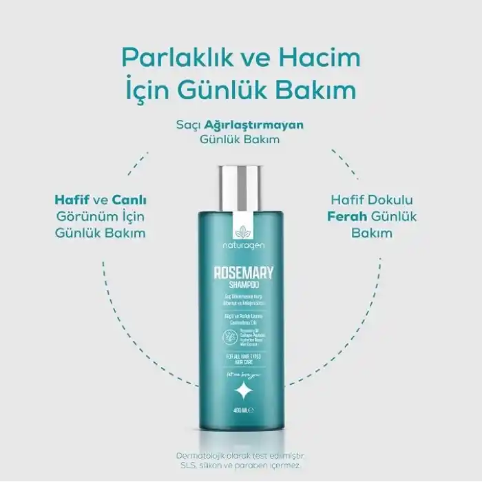 Naturagen Rosemary Dökülme Karşıtı Şampuan 400 ml | Hızlı Uzamaya Yardımcı | Biberiye Yağı + Kolajen Peptitleri