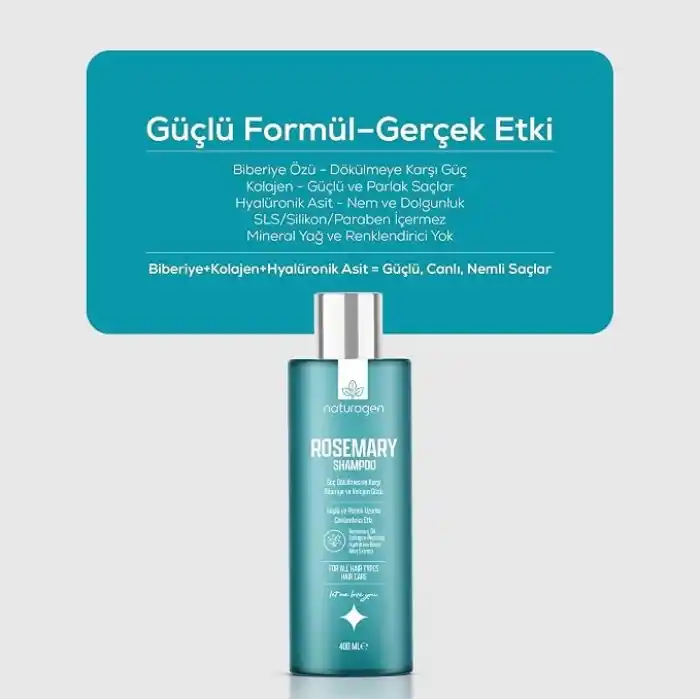 Naturagen Rosemary Dökülme Karşıtı Şampuan 400 ml | Hızlı Uzamaya Yardımcı | Biberiye Yağı + Kolajen Peptitleri
