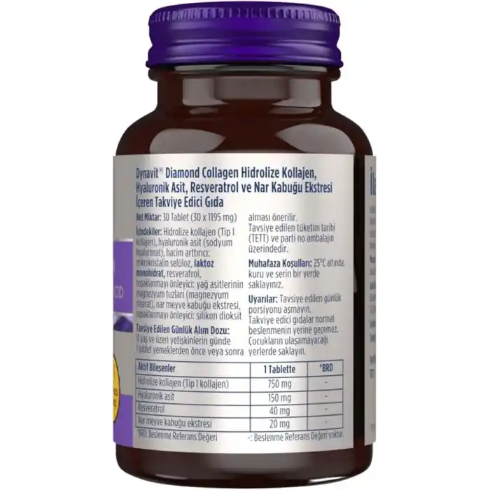 Dynavit Diamond Collagen & Hyaluronic Acid 30 Tablet - Hidrolize Peptit Tip 1 Balık Kolajeni, Resveratrol
