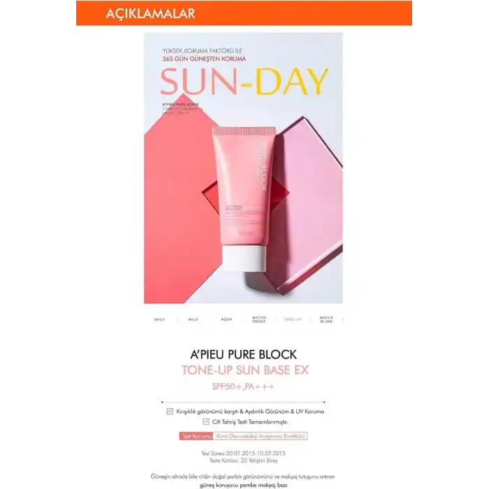 MISSHA Aydınlık Görünüm Sunan Güneş Koruyucu APIEU Pure Block Tone-Up Sun Base EX SPF50 PA 50 mililitre