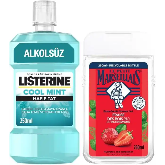 Le Petit Marseillais Duş Jeli Akdeniz Çileği 250 ml + Listerine Cool Mint Ağız Bakım Suyu Hafif Tat 250 ml