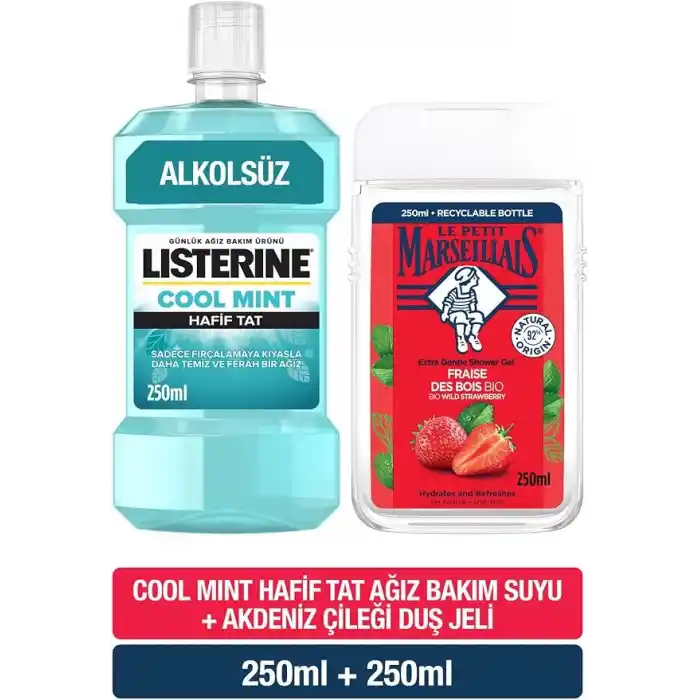 Le Petit Marseillais Duş Jeli Akdeniz Çileği 250 ml + Listerine Cool Mint Ağız Bakım Suyu Hafif Tat 250 ml