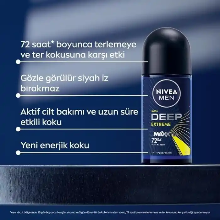 NIVEA MEN Erkek Roll-on Deodorant Deep Extreme 50ml, 72 Saat Anti-perspirant Ter Koruma, Yeni Enerji