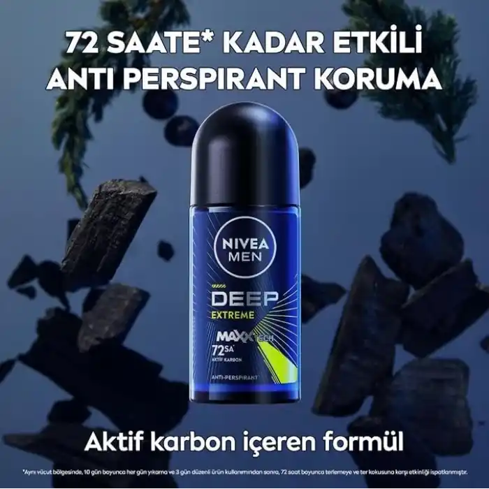 NIVEA MEN Erkek Roll-on Deodorant Deep Extreme 50ml, 72 Saat Anti-perspirant Ter Koruma, Yeni Enerji