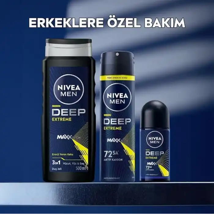 NIVEA MEN Erkek Roll-on Deodorant Deep Extreme 50ml, 72 Saat Anti-perspirant Ter Koruma, Yeni Enerji