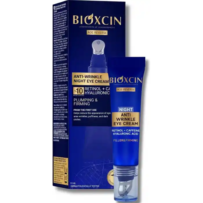 Bioxcin Age Reverse Gece Göz Kremi 15 ml – Retinol, Kolajen, Hyaluronik Asit ve Bitkisel Kompleks İçerikli – Kırışıklık Karşıtı ve Aydınlatıcı Etki