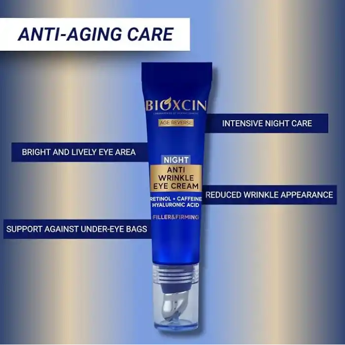 Bioxcin Age Reverse Gece Göz Kremi 15 ml – Retinol, Kolajen, Hyaluronik Asit ve Bitkisel Kompleks İçerikli – Kırışıklık Karşıtı ve Aydınlatıcı Etki
