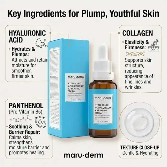 Maruderm%2 Hyalüronik Asit &%5 Kolajen Cilt Bakım Serumu – Yoğun Nem ve Dolgun Görünüm Destekleyici Yüz Serumu, Peptit & Panthenol ile, 30 ML