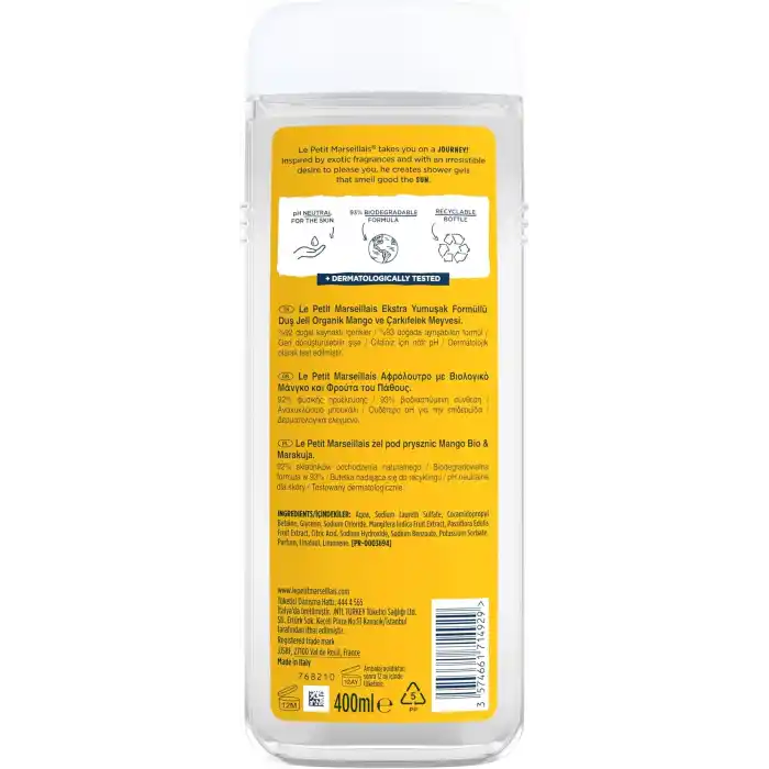 LE PETIT MARSEILLAIS, Lpm Organik Mango Ve Çarkıfelek Meyvesi 400ml Duş Jeli, Beyaz Ve Sarı