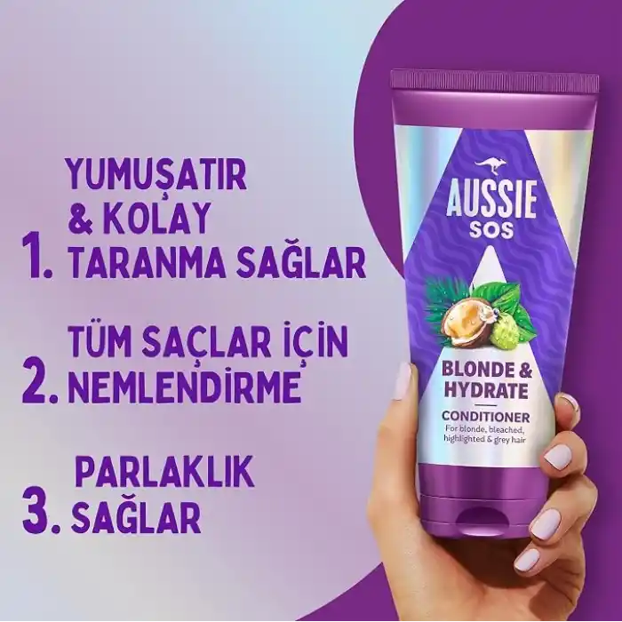Aussie SOS Blonde & Hydrate Açık Renk Boyalı, Röfleli ve Gri Saçlar İçin Saç Kremi 350ml