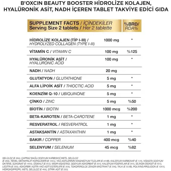 Bioxcin Beauty Booster – NADH, Tip I-III Kolajen, C Vitamini, Hyalüronik Asit, Biotin, Koenzim Q10 ve Çinko İçerikli Gıda Takviyesi – 60 Tablet
